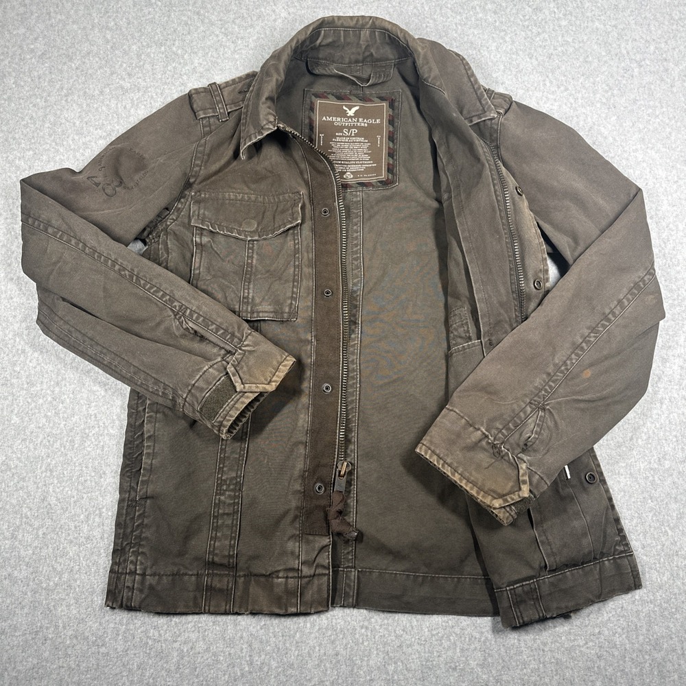 American Eagle Outfitters Y2K Military Jacket Brown Zip Snap Button Men's Small